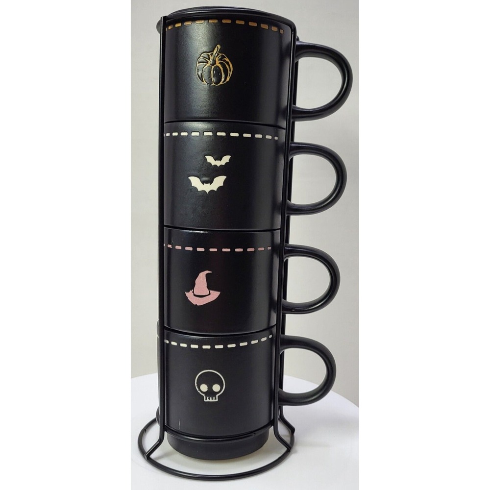 Happy Halloween Market Finds 4pc Stacking Black Mug Set w/Holder Bats Skull